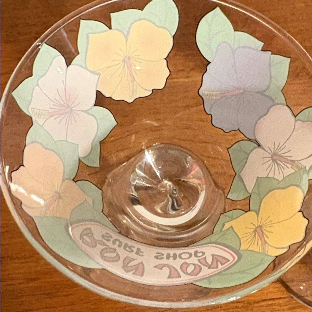 Y2K Era Ron Jon Surf Shop Retro Bent Stem Martini Glass 2 Matching Hibiscus Cute